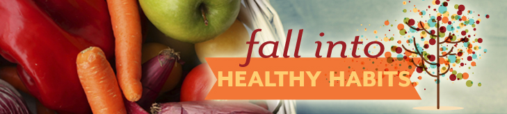 fall into healthy habits - picture of freash fruits and vegitables and an illustration of a tree in fall